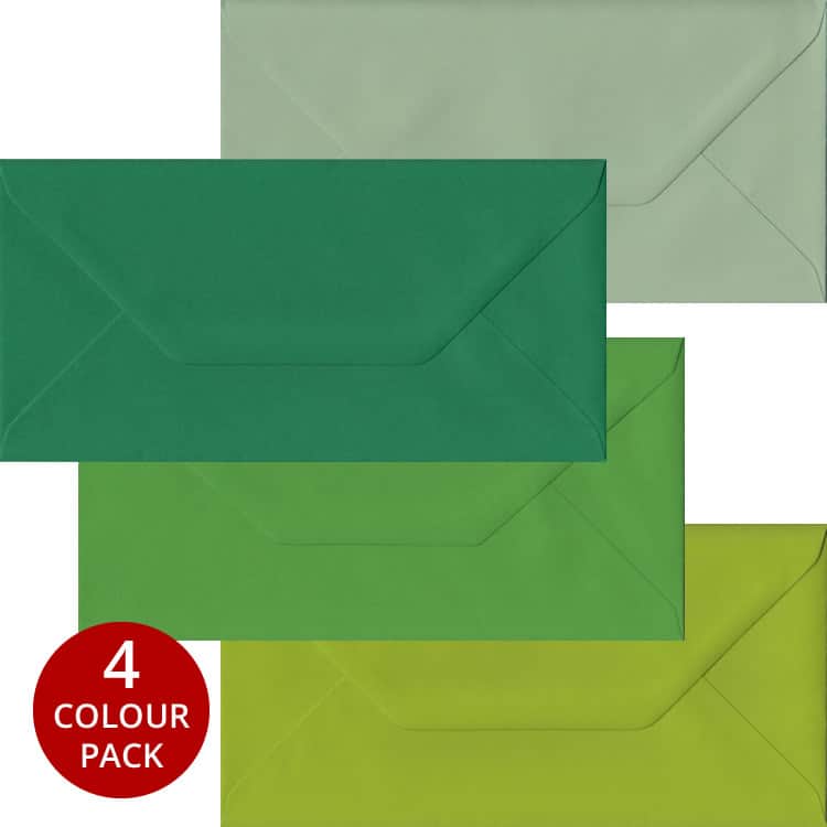 Green Pack - 100 DL Gummed Envelopes In Four Shades Of Green