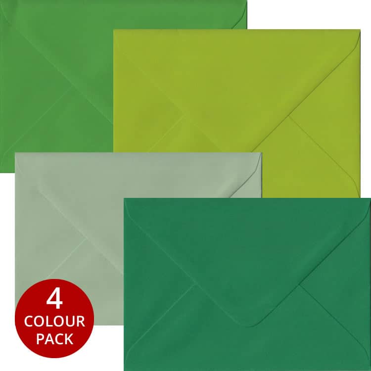 Green Pack - 100 C6 Gummed Envelopes In Four Shades Of Green