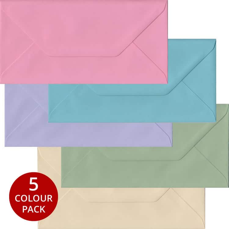 Pastel Pack - 100 DL Gummed Envelopes In Five Pastel Colours