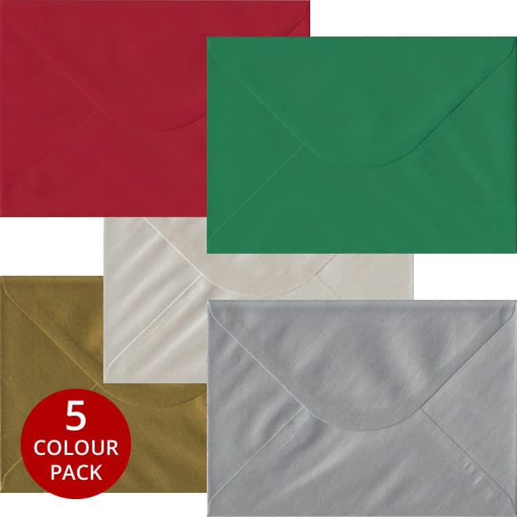 Xmas Pack - 50 C5 Gummed Envelopes In Five Festive Colours