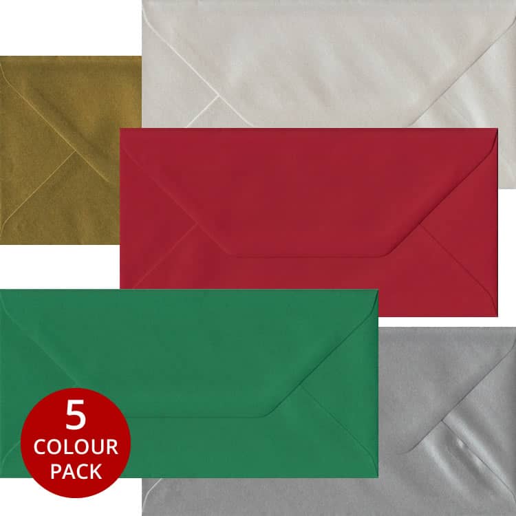 Xmas Pack - 50 DL Gummed Envelopes In Five Festive Colours