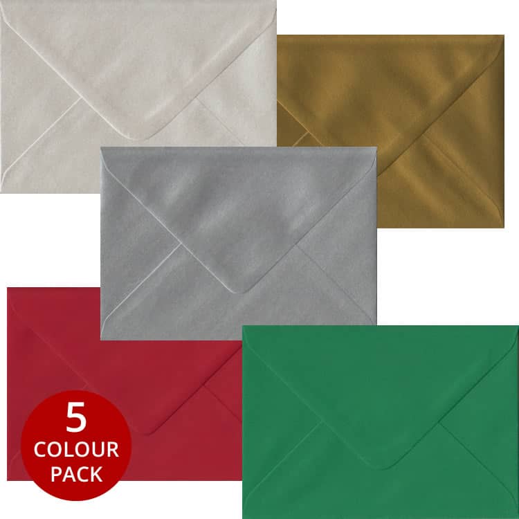 Xmas Pack - 50 C6 Gummed Envelopes In Five Festive Colours